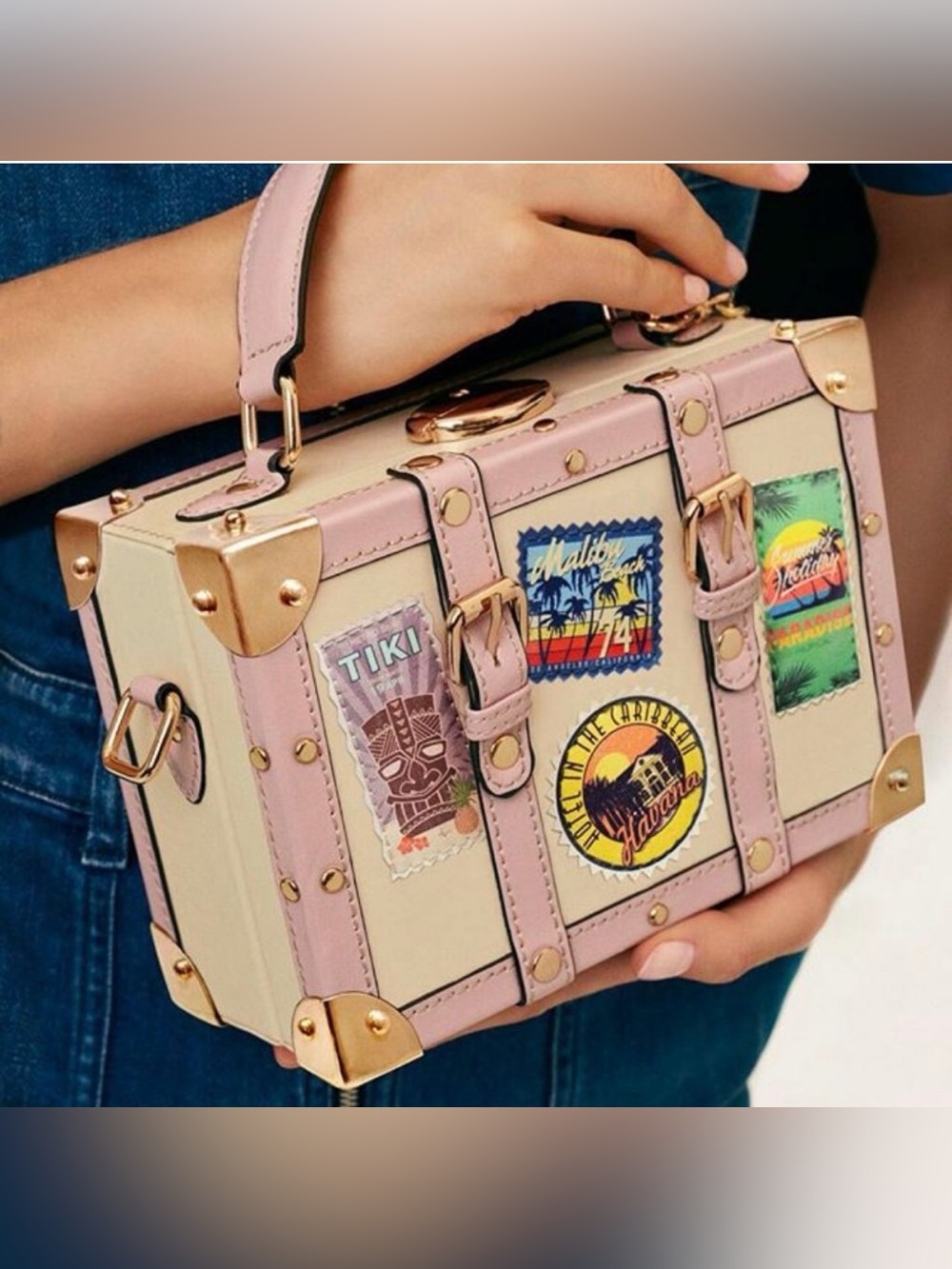 Aldo “Calini” Novelty Trunk Bag Cream with Pink Trim and Gold Hardware
